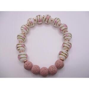 lampwork glass pink lava bead rose gold white stretch bracelet 7" 0067